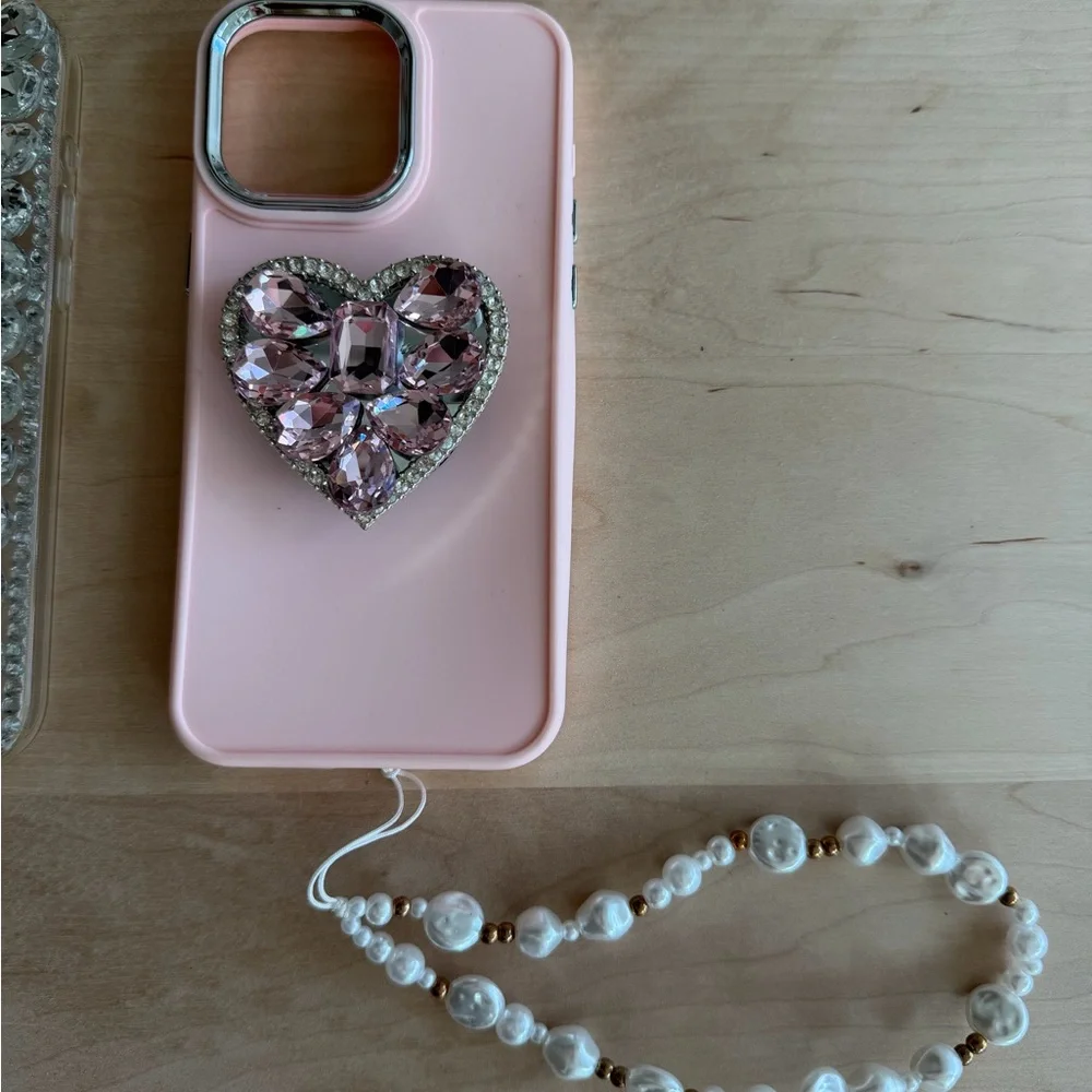 iPhone 15 pro max Pink and Silver Phone Case with Heart Design